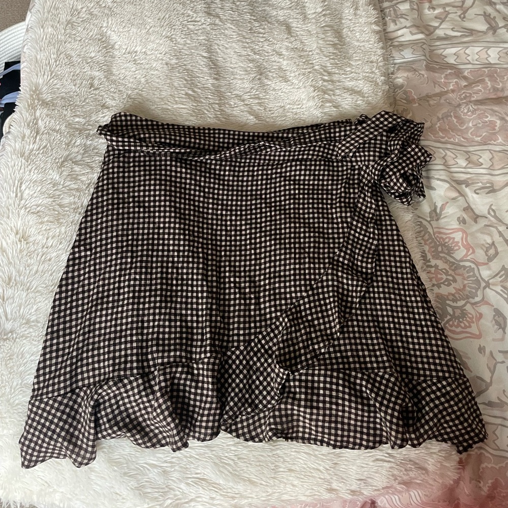 Brown Checkered Wrap Skirt